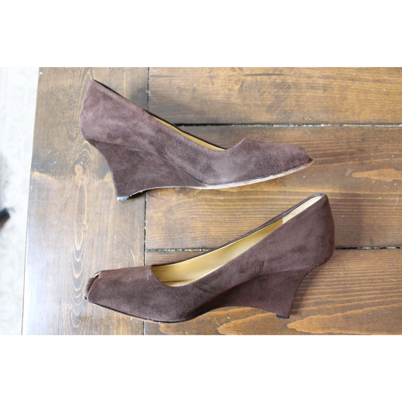 Prada Chocolate Brown Suede Peep Toe Wedges Size 37 / 6.5 - Picture 9 of 10